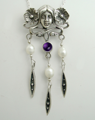 Sterling Silver Woman Maiden of the Garden Necklace With Amethyst And Cultured Freshwater Pearl